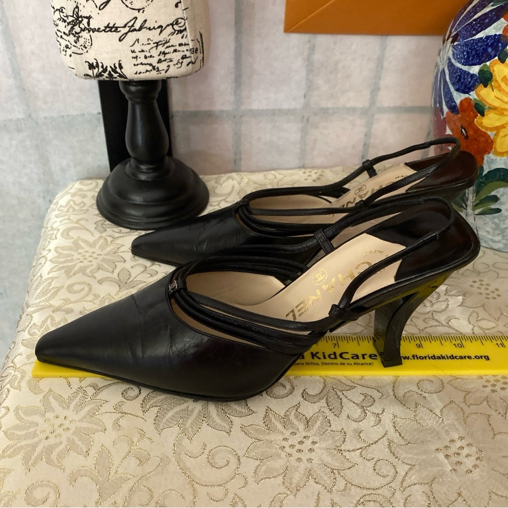 CHANEL New Black Pointed-Toe Slingback Heels Fits 5.5/6 (Euro 35.5) - Picture 6 of 16